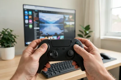Manette Switch Pro posée près d'un ordinateur portable