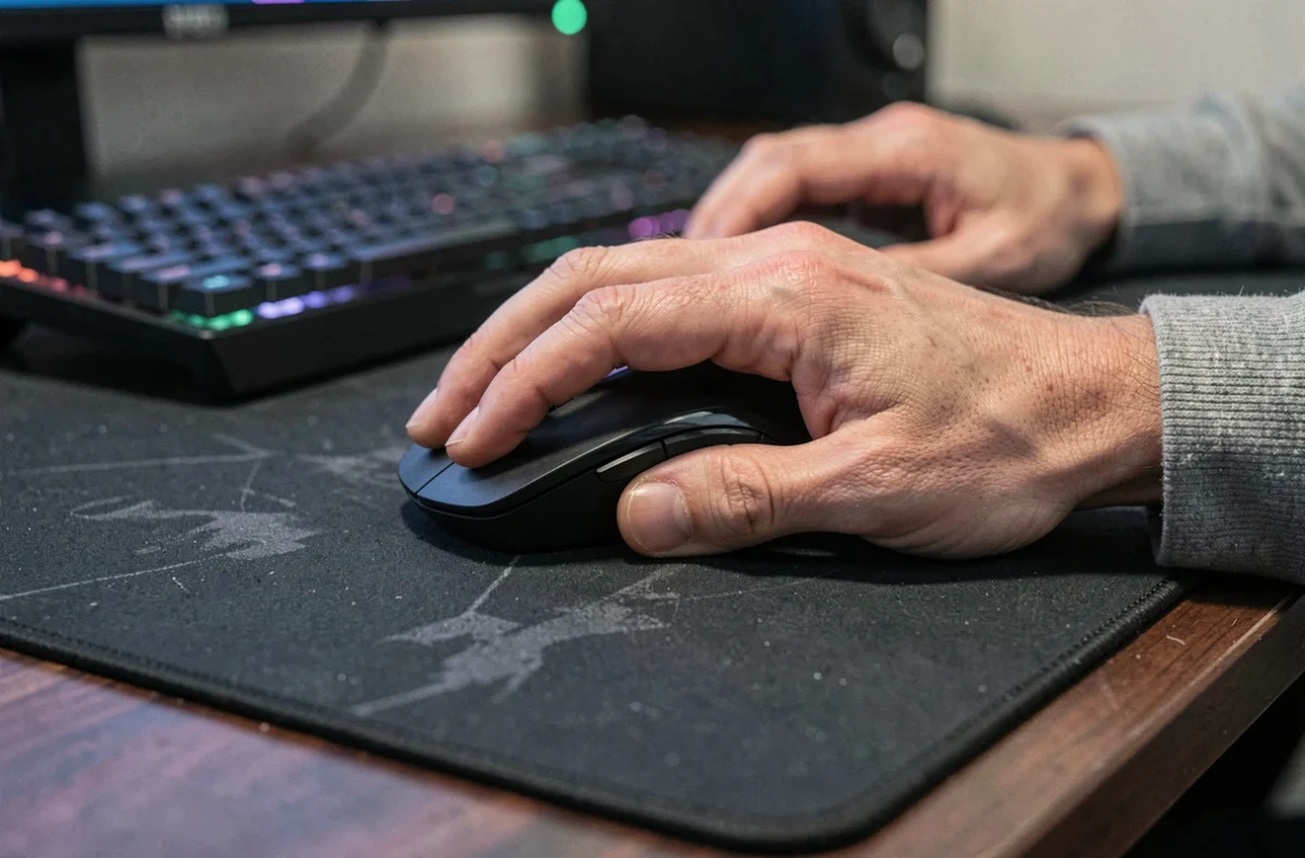 Gros plan sur des mains adoptant une mauvaise posture de clic sur une souris gaming, illustrant les erreurs techniques du Click Kohi