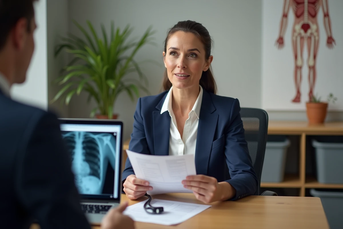 Médecin généraliste expliquant les résultats radiologiques imprimés et numérisés à son patient lors d'une consultation