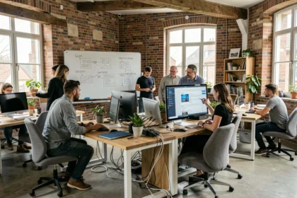 Vue d'ensemble d'une agence web moderne en Normandie avec des professionnels travaillant sur des projets WordPress
