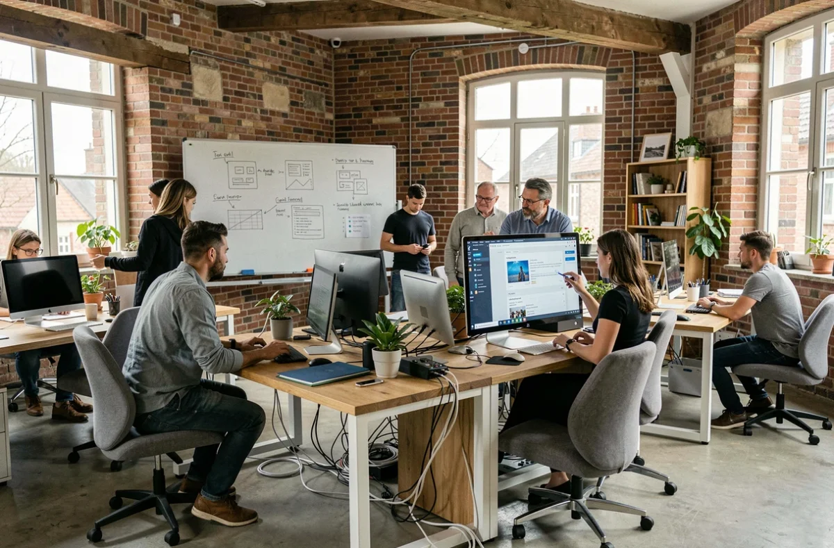 Vue d'ensemble d'une agence web moderne en Normandie avec des professionnels travaillant sur des projets WordPress