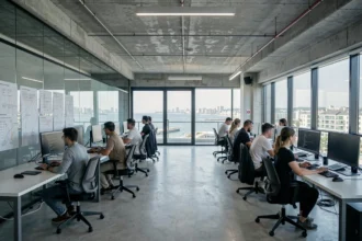Vue panoramique d'un bureau informatique moderne en Charente-Maritime avec une équipe tech au travail