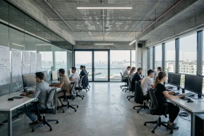 Vue panoramique d'un bureau informatique moderne en Charente-Maritime avec une équipe tech au travail
