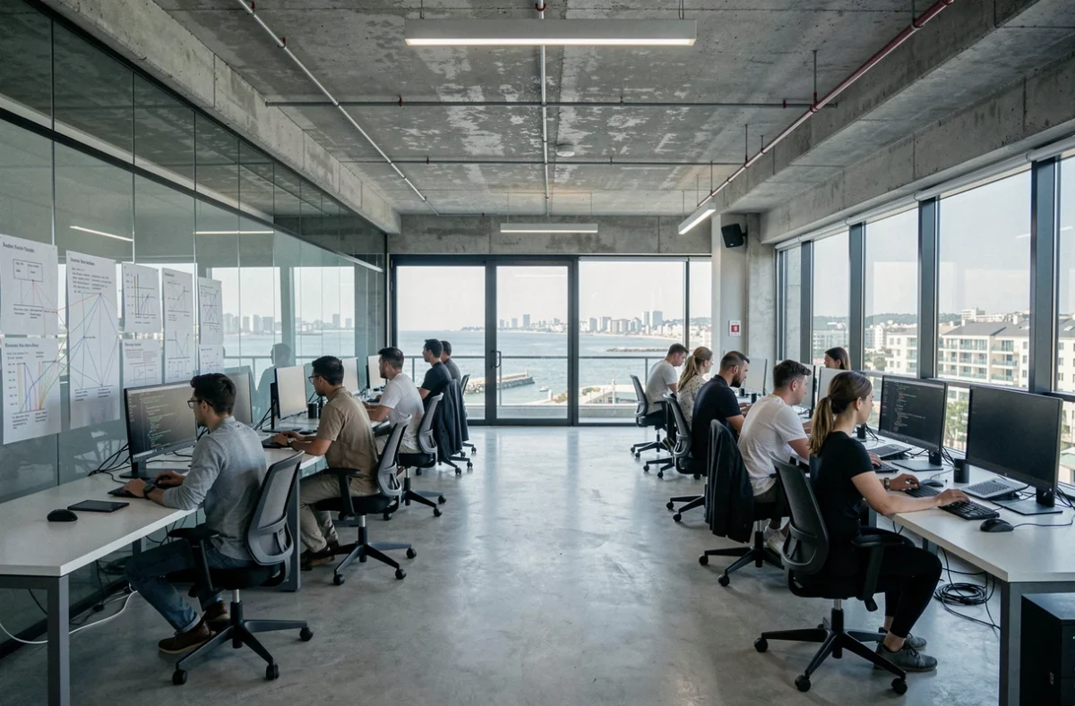 Vue panoramique d'un bureau informatique moderne en Charente-Maritime avec une équipe tech au travail