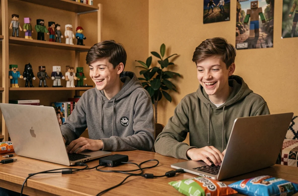 Deux adolescents jouant à Minecraft en réseau local LAN sur leurs ordinateurs portables dans une chambre