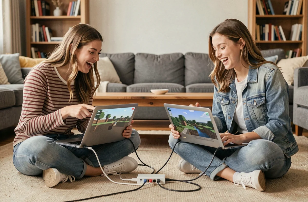 Deux amies jouant à Minecraft en LAN avec un câble ethernet sans connexion internet dans un salon