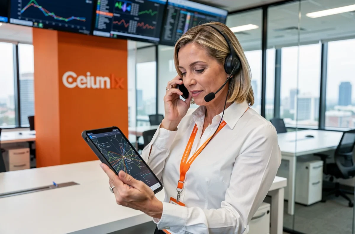 Professionnelle d'Orange Business Services en communication avec un client depuis un bureau télécom moderne