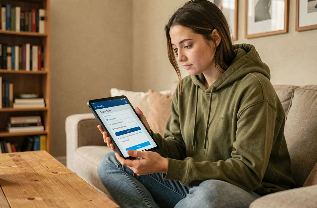 Jeune femme consultant les paramètres de sécurité de son compte webmail académique sur tablette à la maison