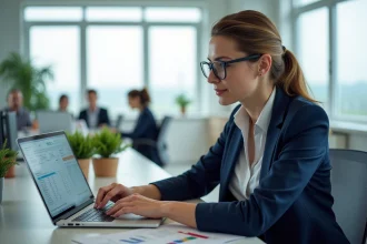 Femme professionnelle pointant un fichier Excel partagé en ligne avec des cellules verrouillées sur son ordinateur portable au bureau