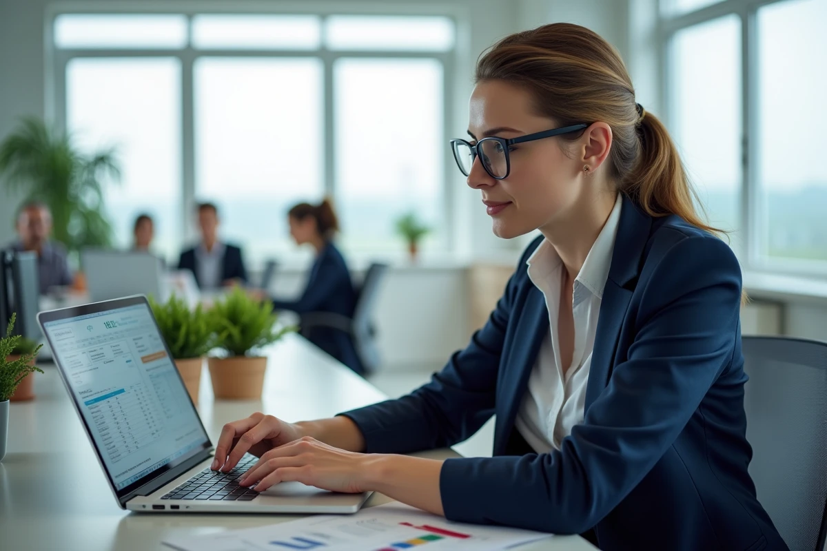 Femme professionnelle pointant un fichier Excel partagé en ligne avec des cellules verrouillées sur son ordinateur portable au bureau