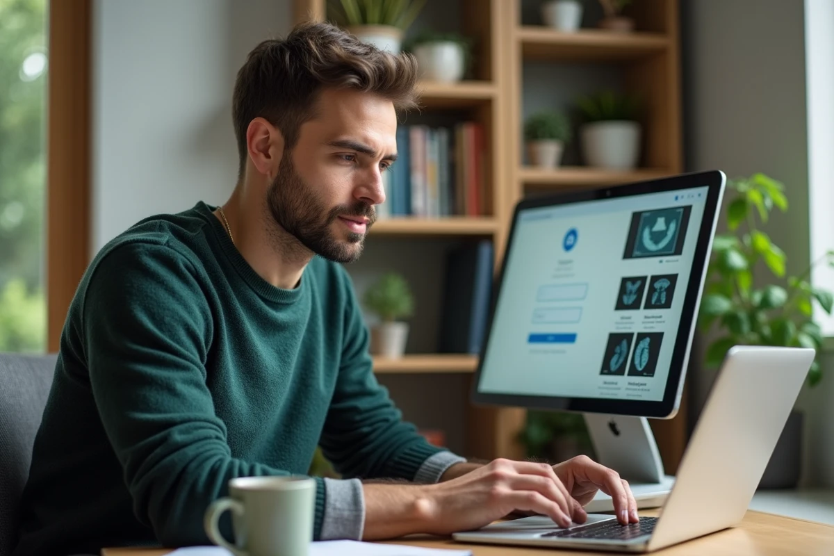Patient accédant à son portail médical en ligne depuis son bureau à domicile pour consulter ses examens radiologiques