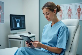 Patiente consultant ses résultats d'imagerie médicale sur une tablette dans une salle d'examen clinique moderne