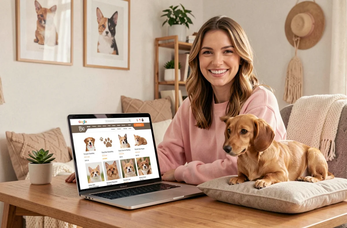 Fondatrice de Petweeze travaillant sur son site e-commerce dédié aux animaux de compagnie avec un petit chien sur son bureau