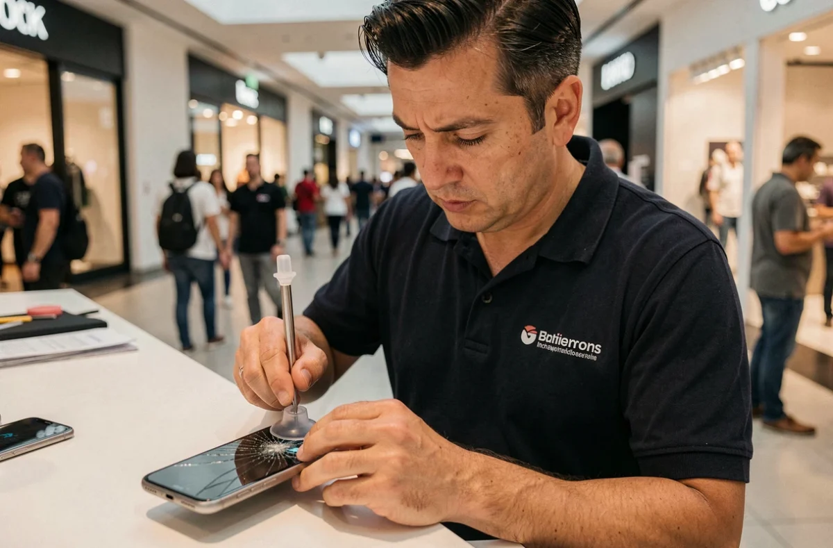 Technicien de PhoneKaze Colmar Houssen réparant un écran de smartphone dans une galerie commerciale