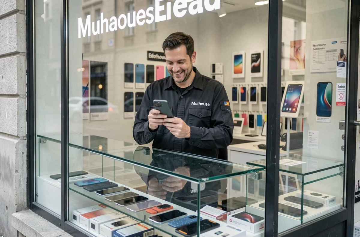 Technicien de Planète GSM Mulhouse présentant un smartphone réparé derrière le comptoir de la boutique