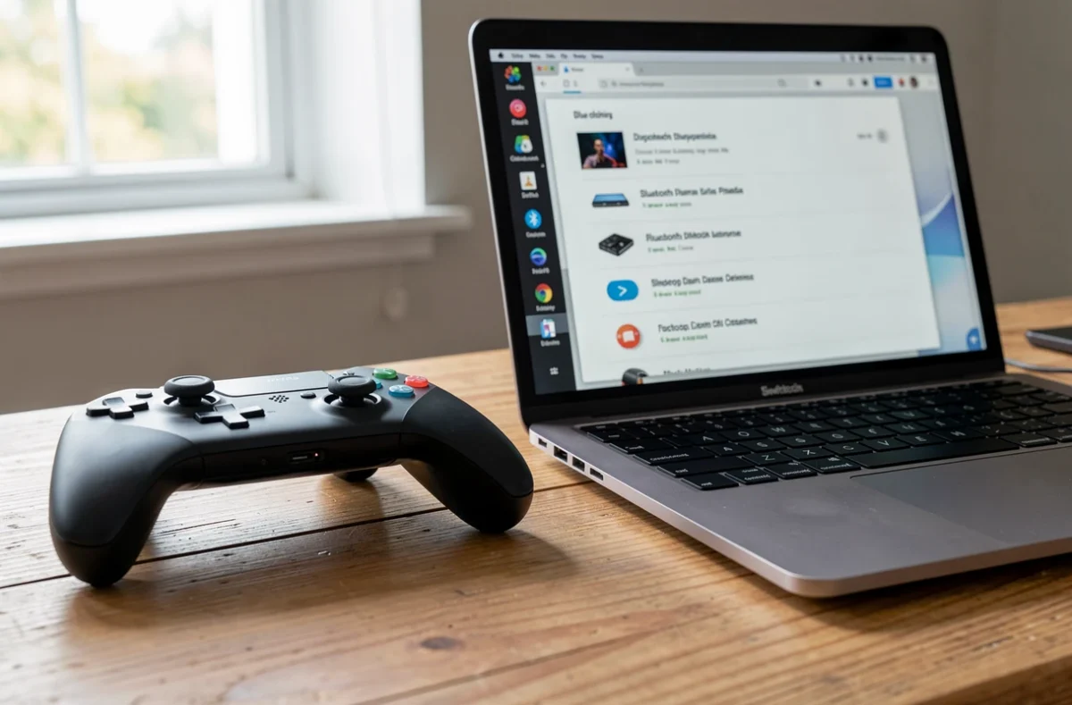 Pro Controller en cours d'appairage Bluetooth à côté d'un ordinateur portable