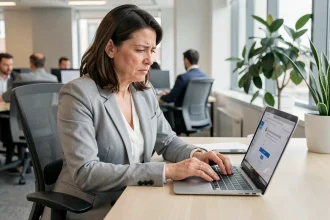 Femme en blazer gris face à une erreur de connexion sur un portail web au bureau