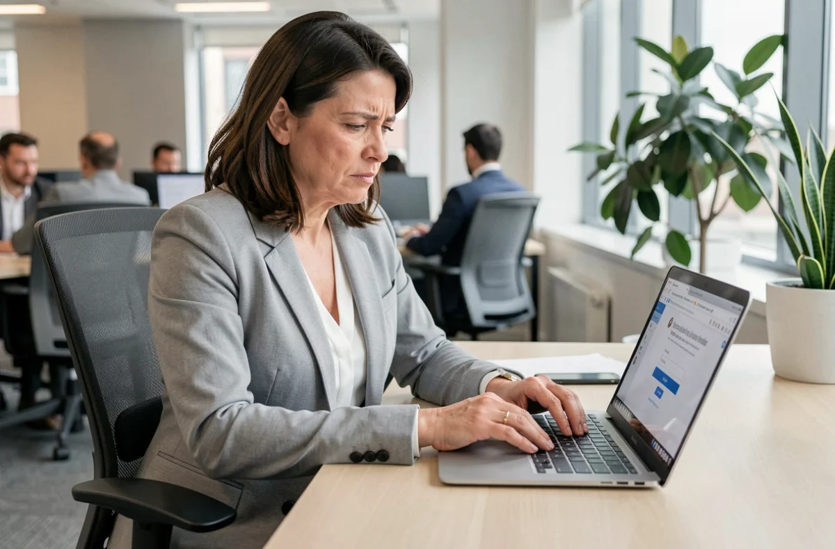 Femme en blazer gris face à une erreur de connexion sur un portail web au bureau