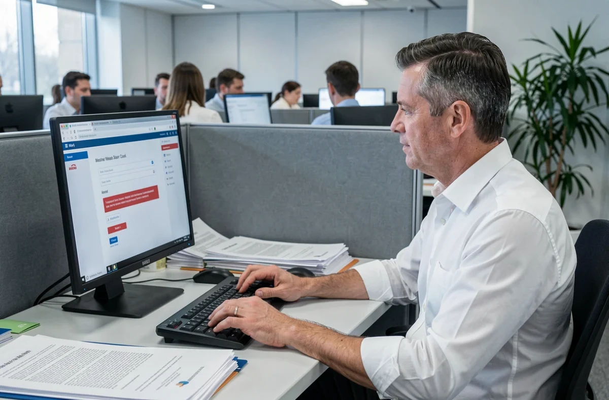 Homme en bureau professionnel tentant de se connecter à une messagerie Webmel Nancy sur ordinateur de bureau