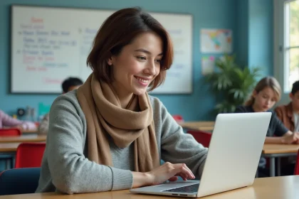 Professeure assise &agrave; son bureau en classe moderne