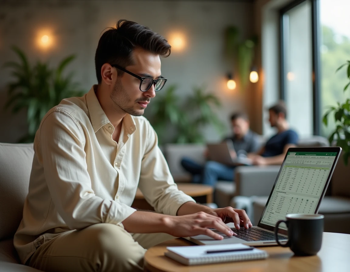 Jeune professionnel réorganisant un tableau Excel dans un espace de coworking moderne