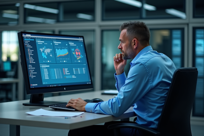 Homme professionnel de la sécurité informatique en action