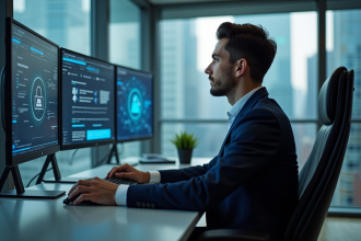 Jeune homme en costume analyse alertes de securite informatique