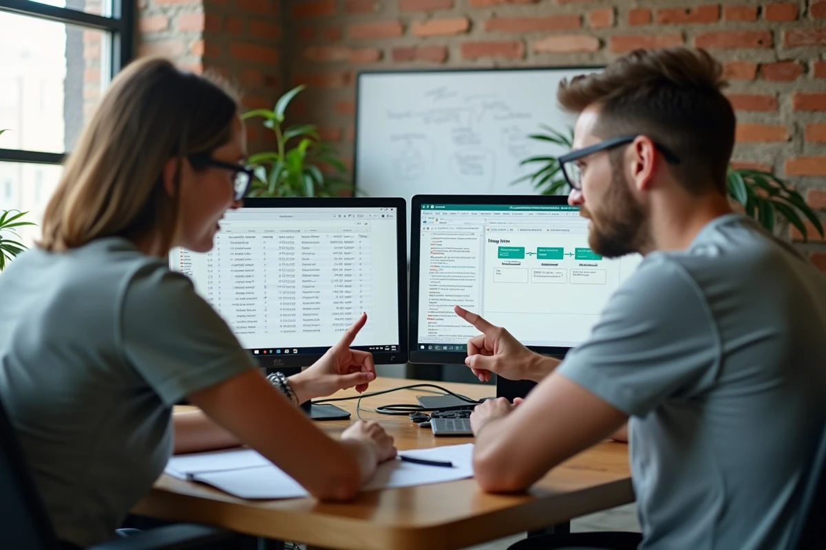 Deux personnes collaborant sur un projet d'archivage de données de forum dans un espace de coworking