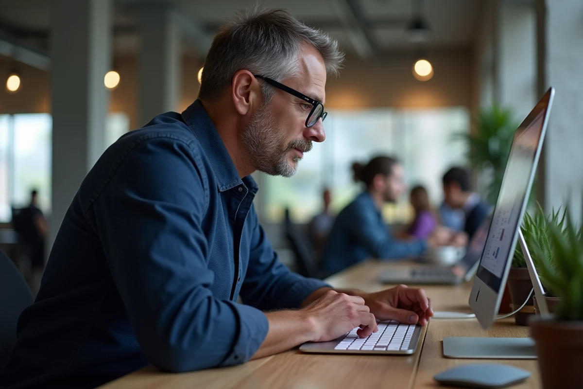 Homme en open space utilisant la touche Shift du clavier Apple sans fil pour des raccourcis Mac avancés sur MacBook Air
