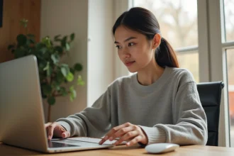 Femme utilisant la touche Shift sur un clavier Mac Apple Magic Keyboard pour accéder à des raccourcis cachés sur MacBook Pro