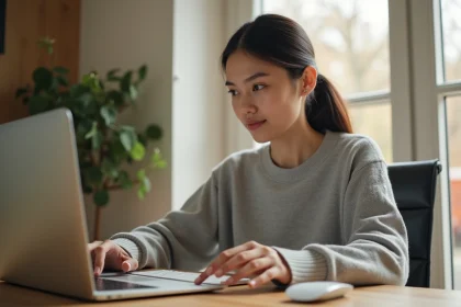 Femme utilisant la touche Shift sur un clavier Mac Apple Magic Keyboard pour accéder à des raccourcis cachés sur MacBook Pro