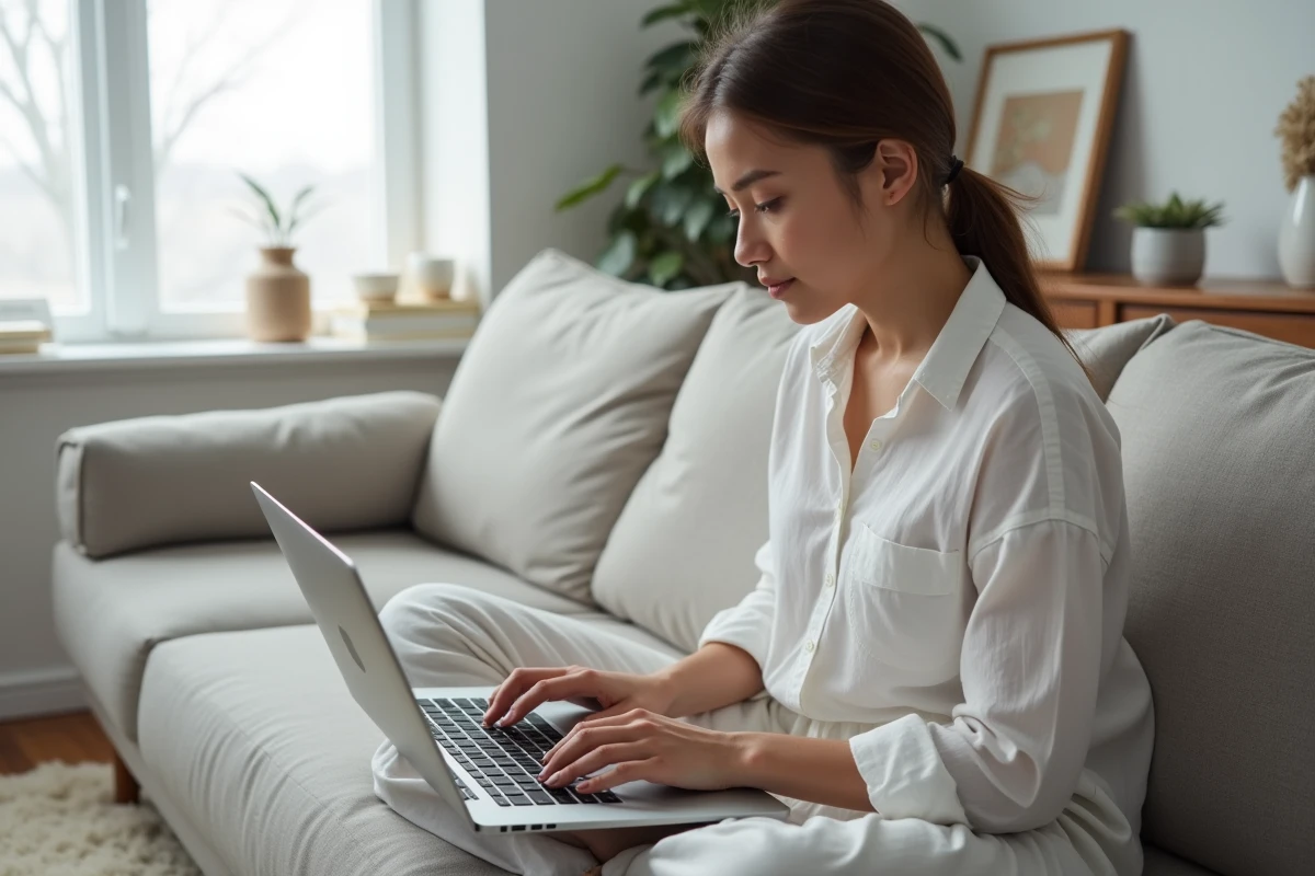 Jeune femme sur un canapé utilisant les raccourcis Shift du clavier Mac sur son MacBook Pro dans un salon minimaliste