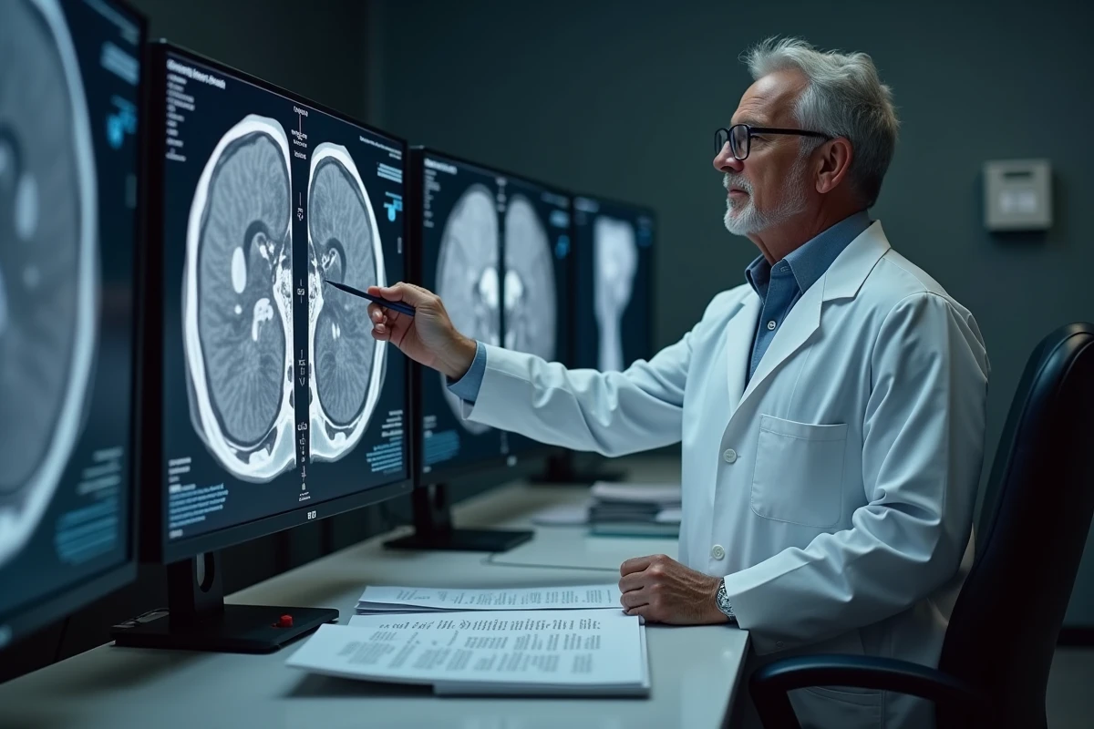 Radiologue analysant des images IRM sur un grand écran diagnostique dans une salle de lecture médicale