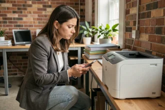 Femme d'affaires cherchant à configurer une imprimante WiFi dans un petit bureau sans service informatique