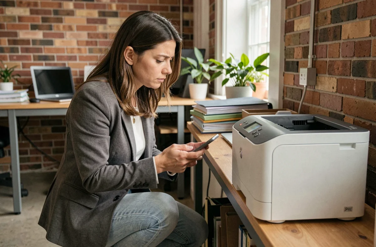 Femme d'affaires cherchant à configurer une imprimante WiFi dans un petit bureau sans service informatique