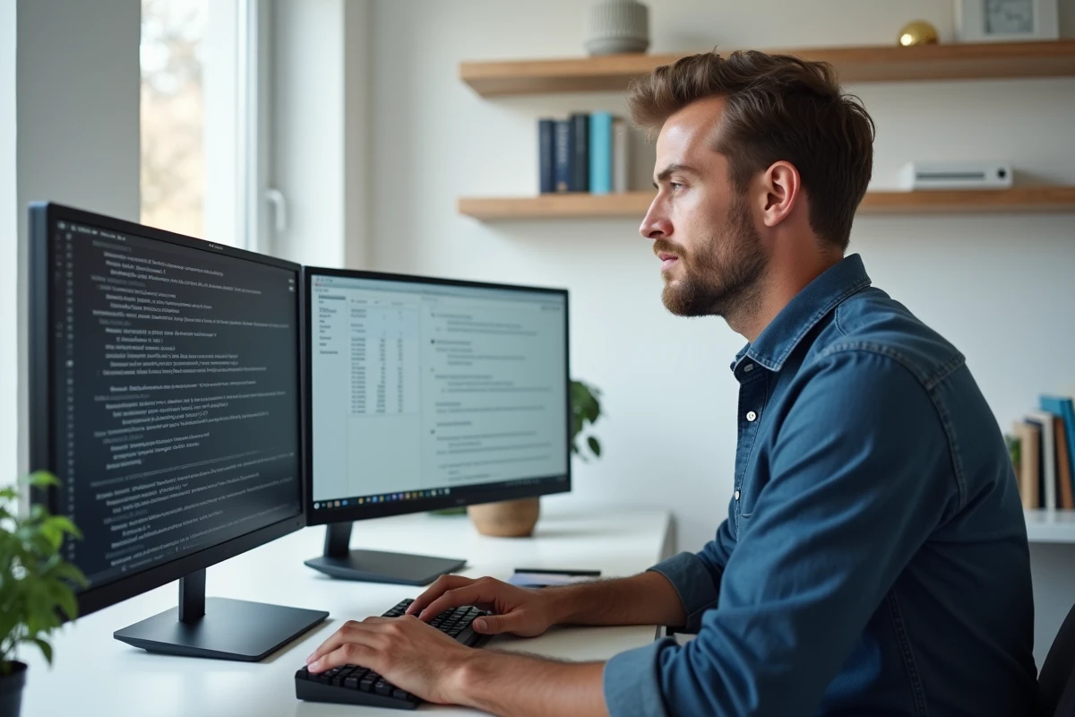 Rédacteur professionnel vérifiant le nombre de mots sur un double écran dans un bureau minimaliste à domicile