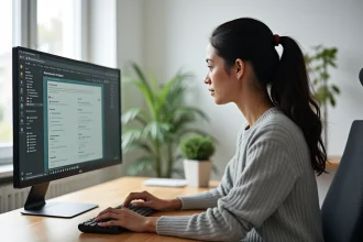 Femme en pull gris réglant les paramètres du navigateur Chrome sur un écran ultrawide dans un bureau à domicile moderne