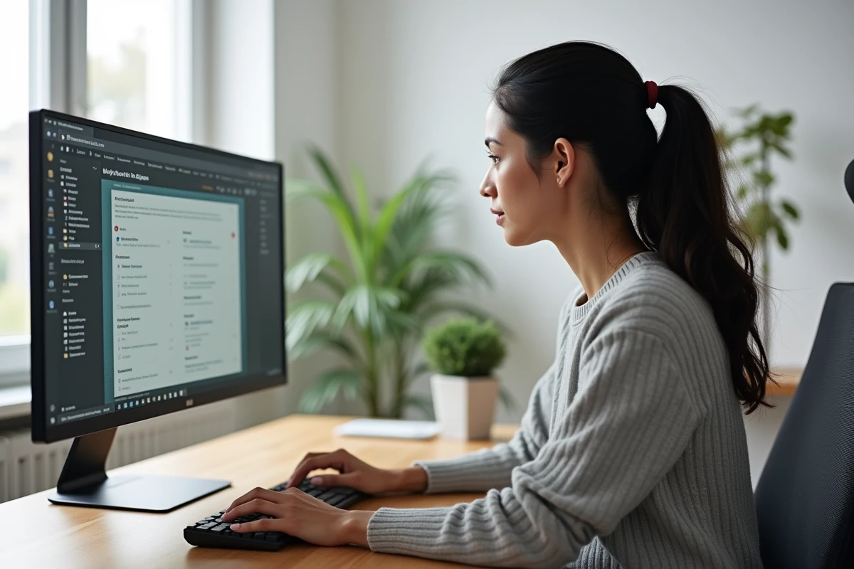 Femme en pull gris réglant les paramètres du navigateur Chrome sur un écran ultrawide dans un bureau à domicile moderne