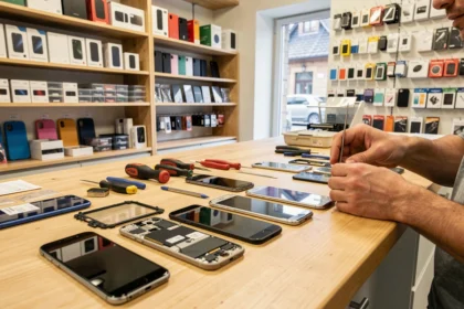 Atelier de réparation de smartphones dans le Haut-Rhin avec outils de précision et pièces détachées sur un comptoir professionnel