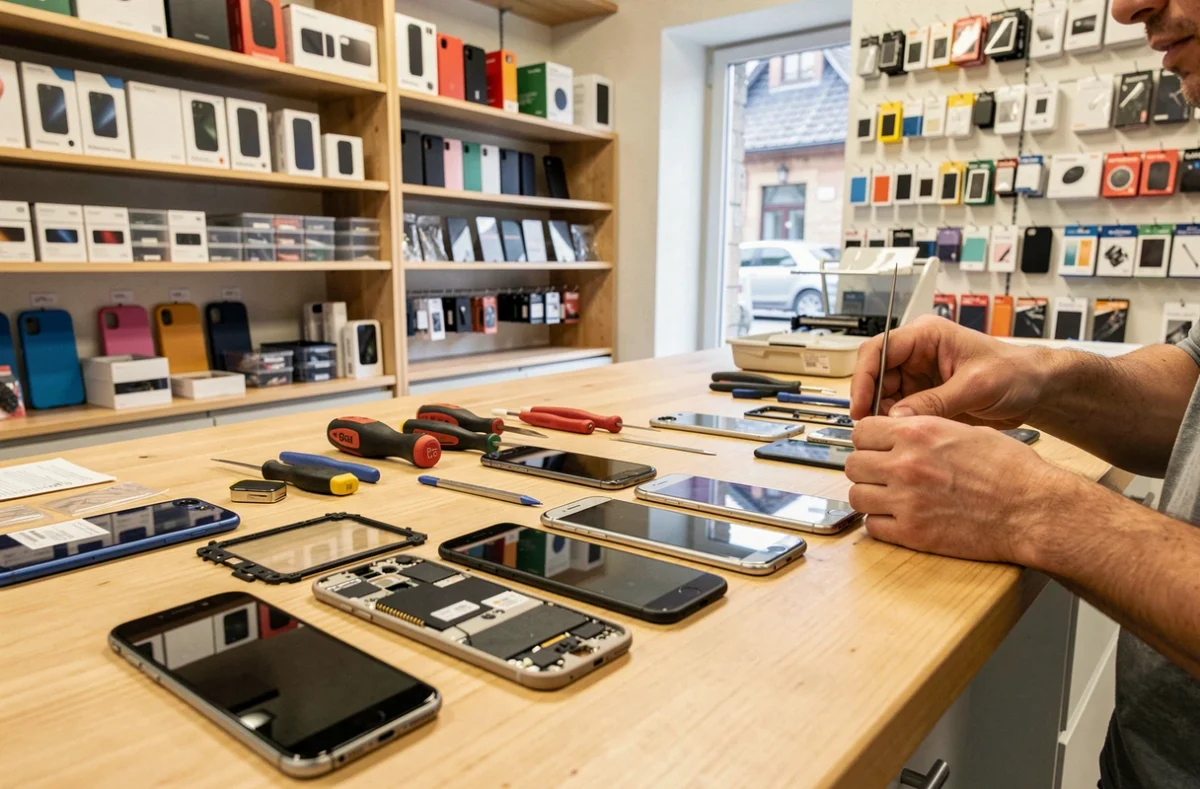Atelier de réparation de smartphones dans le Haut-Rhin avec outils de précision et pièces détachées sur un comptoir professionnel