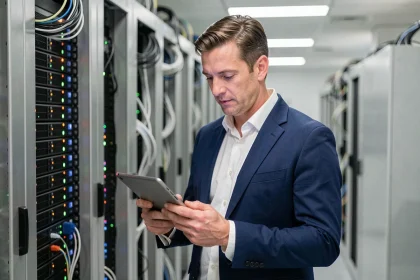 Responsable informatique en entreprise consultant des spécifications de serveurs Dell dans un data center moderne