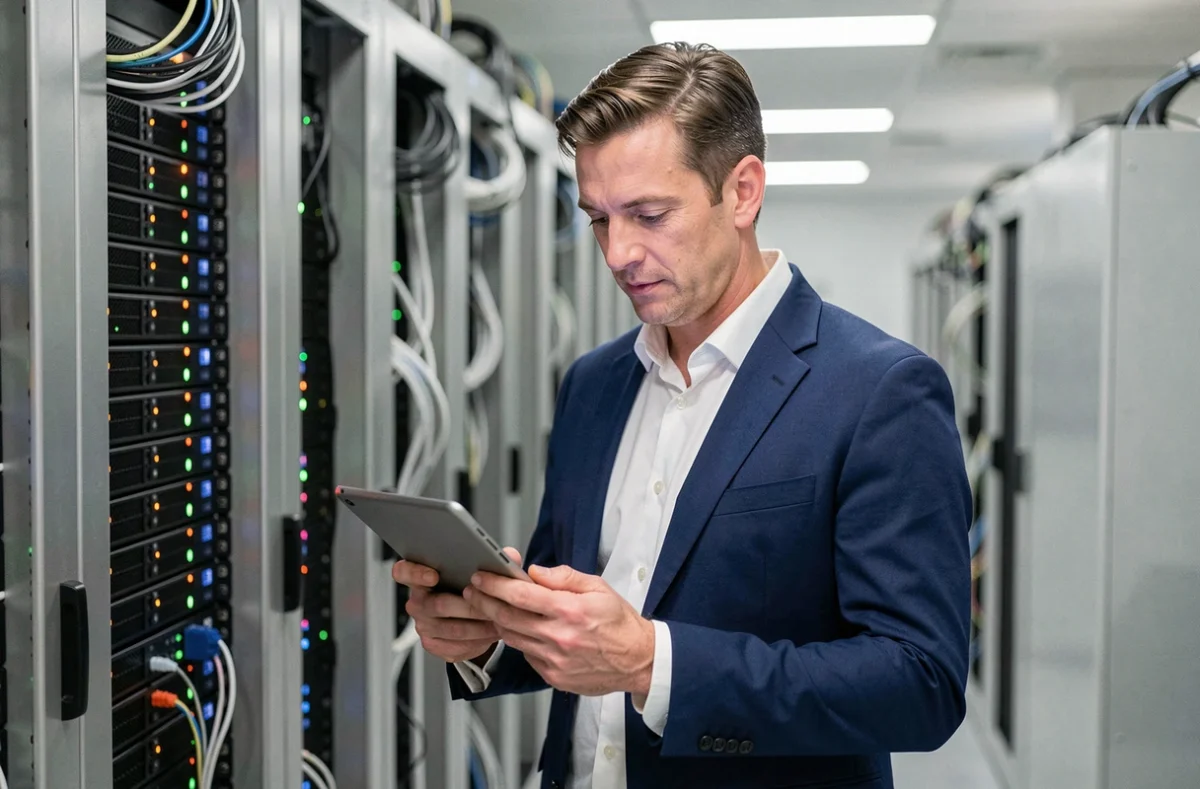 Responsable informatique en entreprise consultant des spécifications de serveurs Dell dans un data center moderne