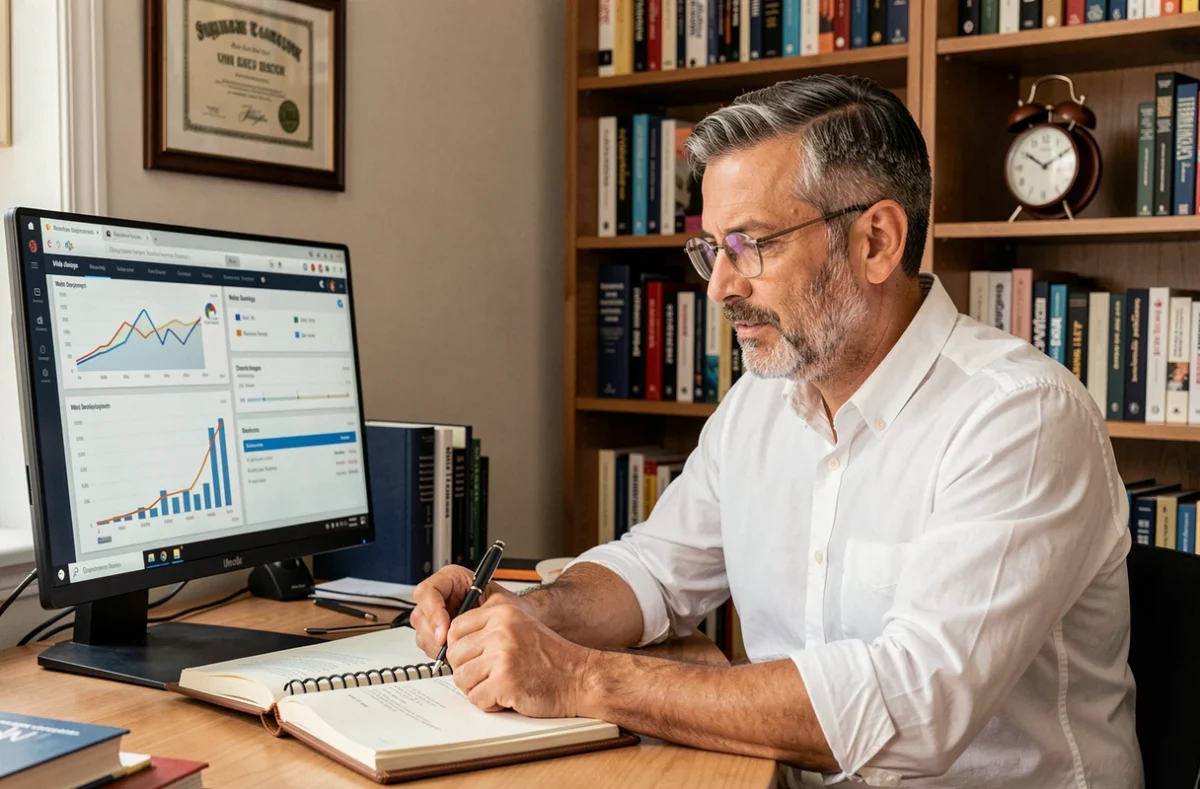 Sébastien Sourdet, consultant en développement web indépendant, analysant des statistiques de site dans son bureau home-office bibliothèque