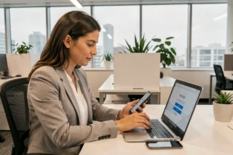 Femme utilisant l'authentification à deux facteurs pour sécuriser son compte webmail académique sur ordinateur portable au bureau