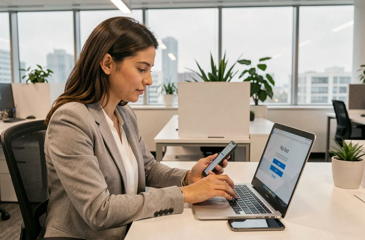 Femme utilisant l'authentification à deux facteurs pour sécuriser son compte webmail académique sur ordinateur portable au bureau