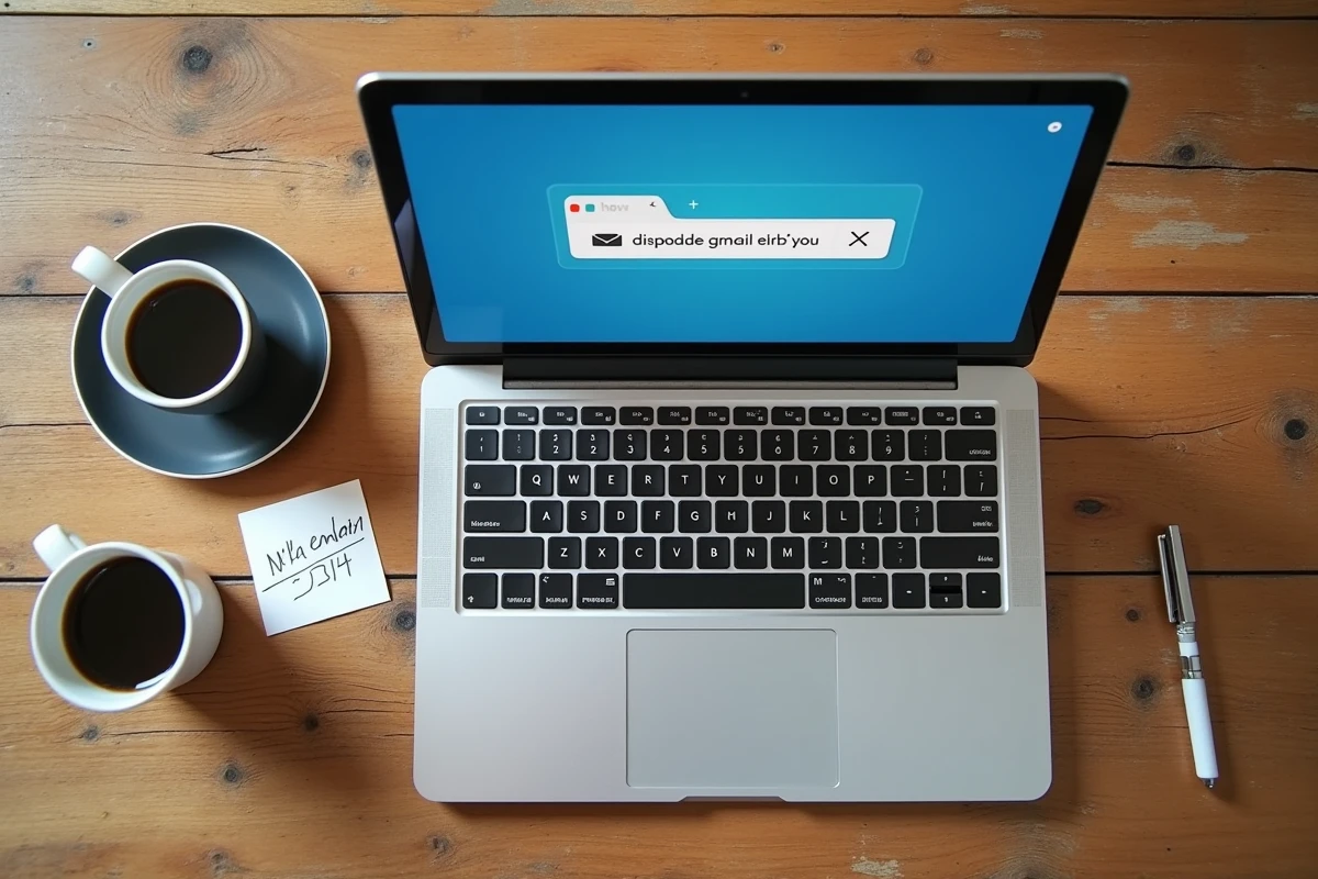 Vue aérienne d'un service d'adresse email jetable ouvert sur un ordinateur portable avec café et notes manuscrites