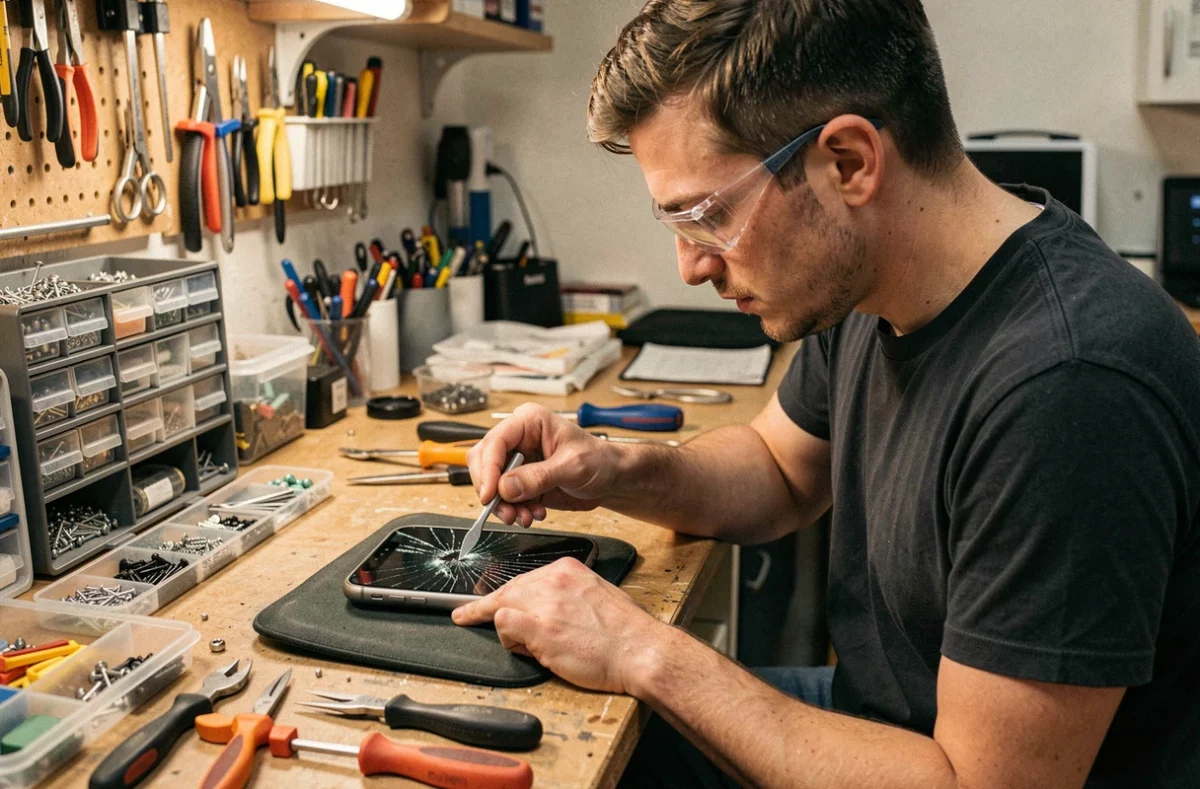 Technicien de SKF Répar'Tel à Illzach retirant un écran cassé d'un smartphone sur un tapis chauffant