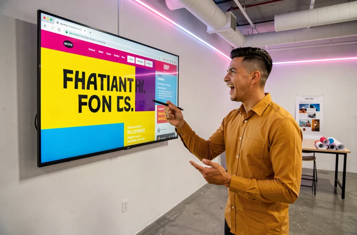 Directeur créatif de l'agence Snazzy présentant un design de site web audacieux sur un grand écran dans un studio créatif moderne