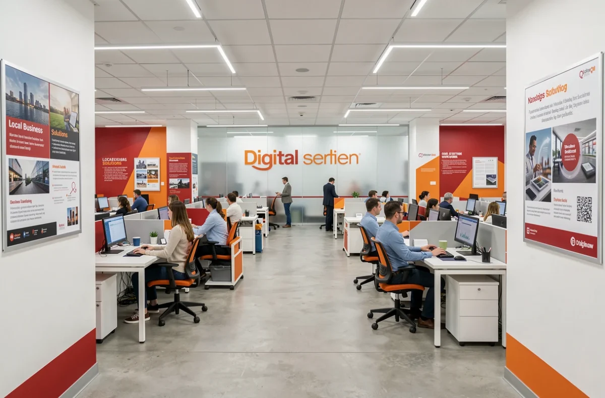 Bureau moderne de Solocal avec des employés travaillant dans un espace ouvert aux couleurs de la marque orienté solutions numériques locales