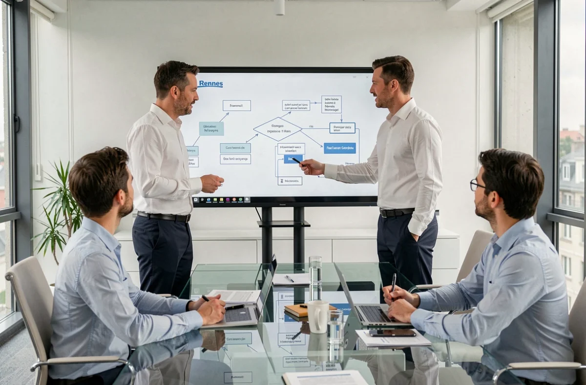 Consultant IT masculin présentant un schéma d'architecture technique à des collègues dans une salle de réunion moderne des bureaux de Solutec à Rennes.